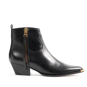 Schutz Leather Ankle Boots NEW Black Western Traci With Brass Metal Trimmed Toe